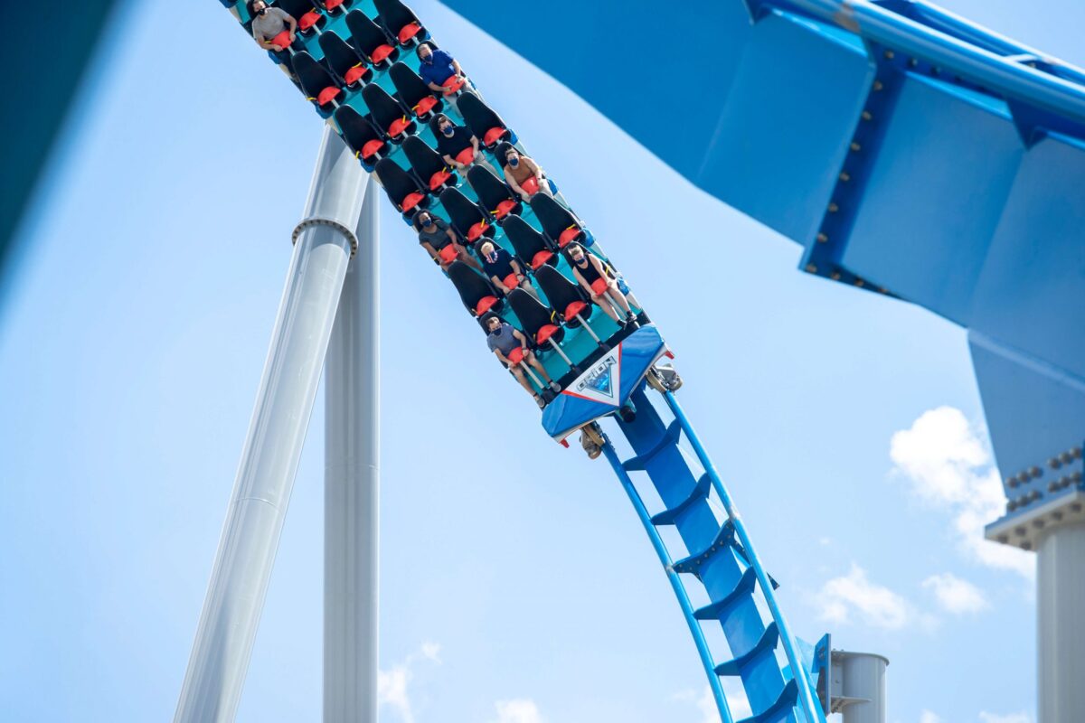 Kings Island Roller coaster twisting through blue sky